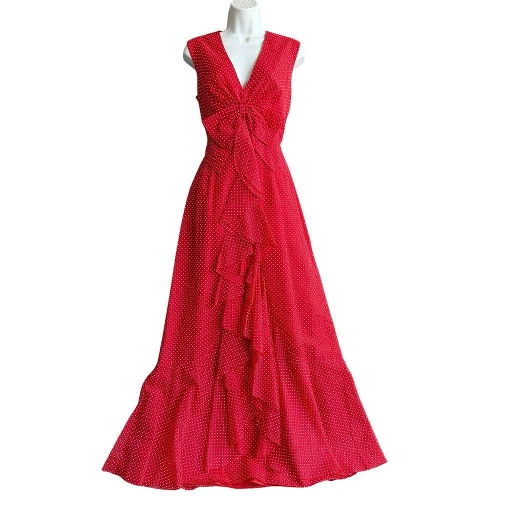 VTG Miss Elliette Polka Dot Maxi Dress 12 Red Resort Wear Ruffle Cottagecore